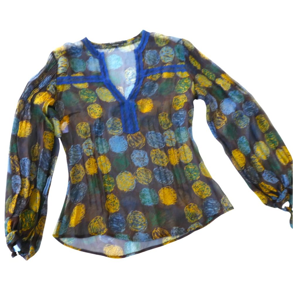 SiLK BCBGMaxAzria Sheer Geo Blouse Split Neck Blue Lace Trim Balloon Sleeve XL